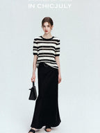 chicjuly Crochet Openwork Black White Striped Women's Lyocell Short Sleeve T-shirts
