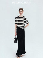 chicjuly Crochet Openwork Black White Striped Women's Lyocell Short Sleeve T-shirts