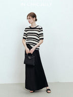 chicjuly Crochet Openwork Black White Striped Women's Lyocell Short Sleeve T-shirts