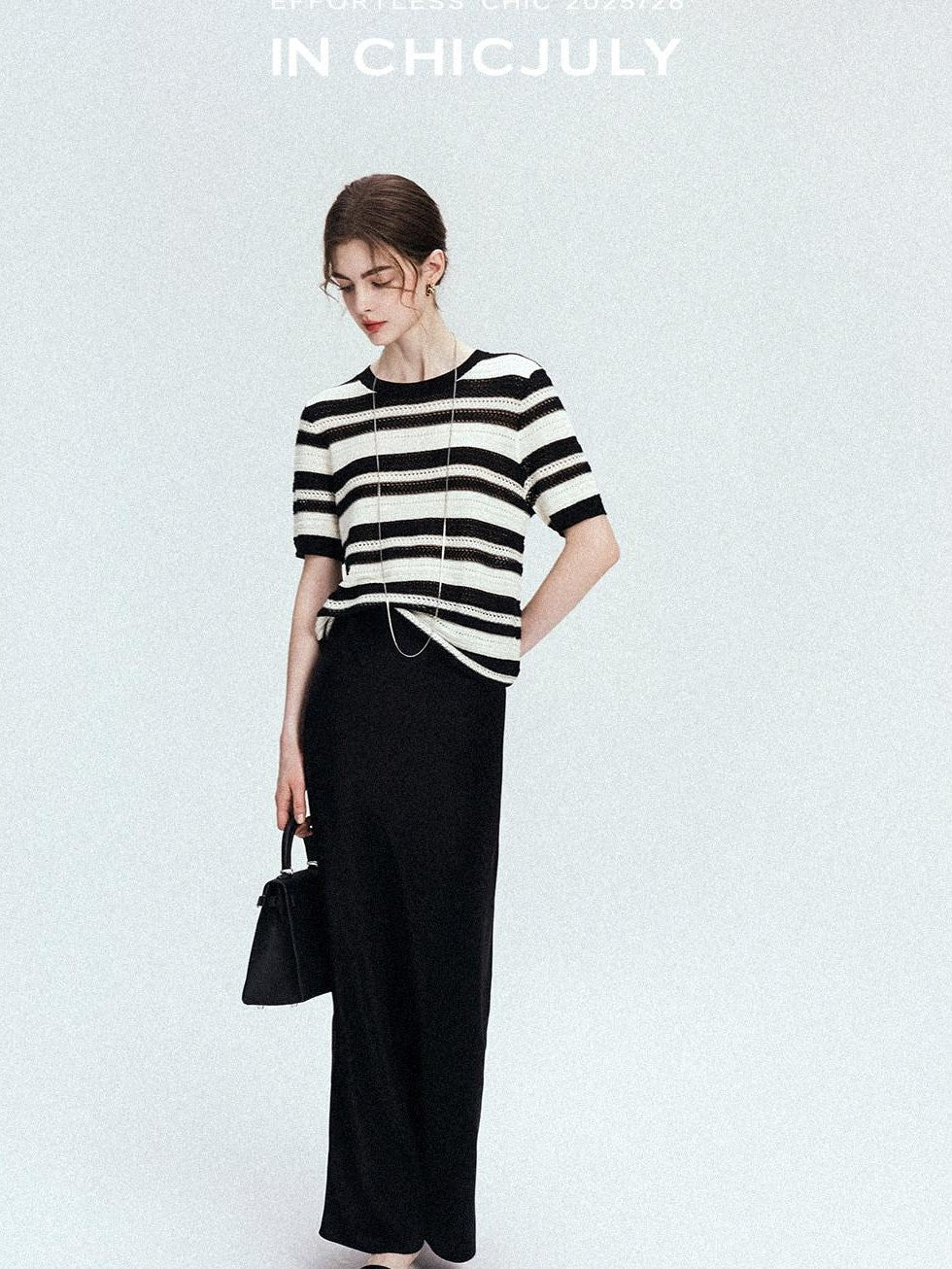 chicjuly Crochet Openwork Black White Striped Women's Lyocell Short Sleeve T-shirts