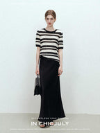 chicjuly Crochet Openwork Black White Striped Women's Lyocell Short Sleeve T-shirts