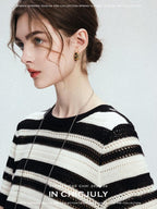 chicjuly Crochet Openwork Black White Striped Women's Lyocell Short Sleeve T-shirts