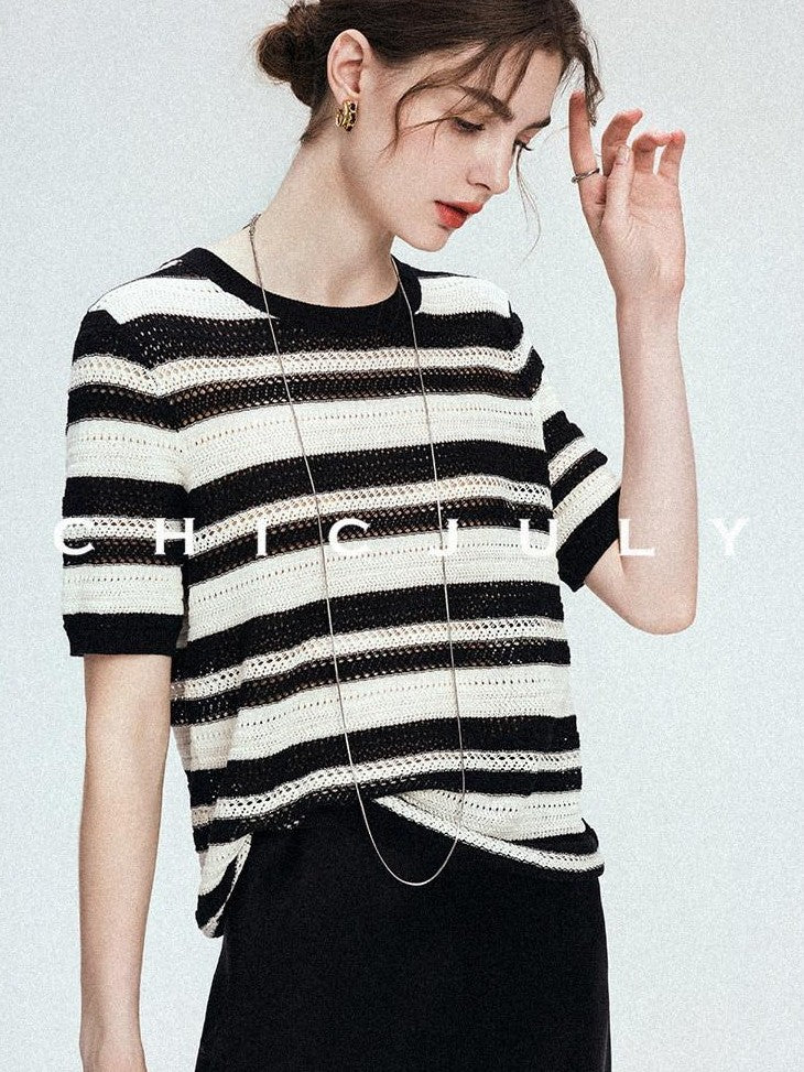 chicjuly Crochet Openwork Black White Striped Women's Lyocell Short Sleeve T-shirts