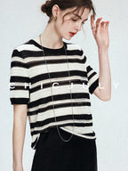 chicjuly Crochet Openwork Black White Striped Women's Lyocell Short Sleeve T-shirts