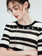 chicjuly Crochet Openwork Black White Striped Women's Lyocell Short Sleeve T-shirts