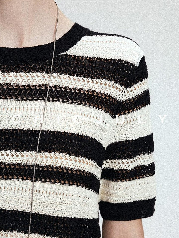 chicjuly Crochet Openwork Black White Striped Women's Lyocell Short Sleeve T-shirts
