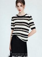 chicjuly Crochet Openwork Black White Striped Women's Lyocell Short Sleeve T-shirts