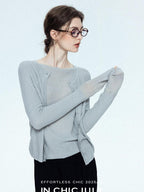 chicjuly Cropped Fine Yarn Knit Minimalist Women's Pure Wool Long Sleeve T-shirts