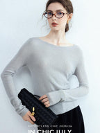 chicjuly Cropped Fine Yarn Knit Minimalist Women's Pure Wool Long Sleeve T-shirts