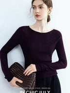 chicjuly Cropped Fine Yarn Knit Minimalist Women's Pure Wool Long Sleeve T-shirts