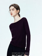 chicjuly Cropped Fine Yarn Knit Minimalist Women's Pure Wool Long Sleeve T-shirts
