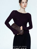 chicjuly Cropped Fine Yarn Knit Minimalist Women's Pure Wool Long Sleeve T-shirts
