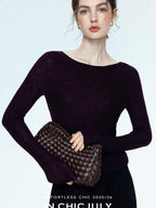 chicjuly Cropped Fine Yarn Knit Minimalist Women's Pure Wool Long Sleeve T-shirts