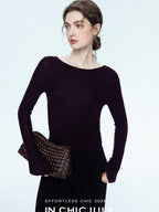 chicjuly Cropped Fine Yarn Knit Minimalist Women's Pure Wool Long Sleeve T-shirts