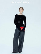 chicjuly Cropped Fine Yarn Knit Minimalist Women's Pure Wool Long Sleeve T-shirts