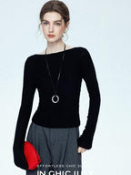 chicjuly Cropped Fine Yarn Knit Minimalist Women's Pure Wool Long Sleeve T-shirts