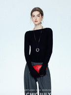 chicjuly Cropped Fine Yarn Knit Minimalist Women's Pure Wool Long Sleeve T-shirts