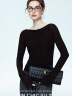 chicjuly Cropped Fine Yarn Knit Minimalist Women's Pure Wool Long Sleeve T-shirts