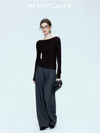 chicjuly Cropped Fine Yarn Knit Minimalist Women's Pure Wool Long Sleeve T-shirts