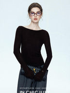 chicjuly Cropped Fine Yarn Knit Minimalist Women's Pure Wool Long Sleeve T-shirts
