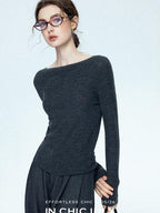 chicjuly Cropped Fine Yarn Knit Minimalist Women's Pure Wool Long Sleeve T-shirts
