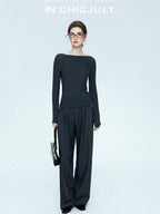 chicjuly Cropped Fine Yarn Knit Minimalist Women's Pure Wool Long Sleeve T-shirts