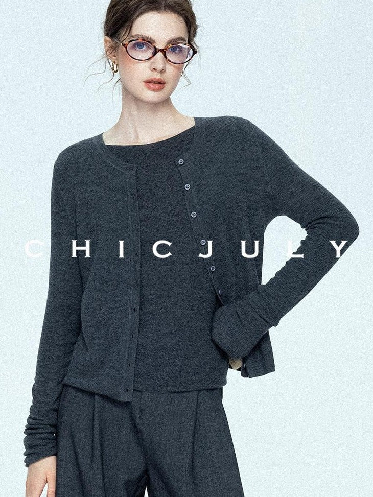 chicjuly Cropped Fine Yarn Knit Minimalist Women's Pure Wool Long Sleeve T-shirts