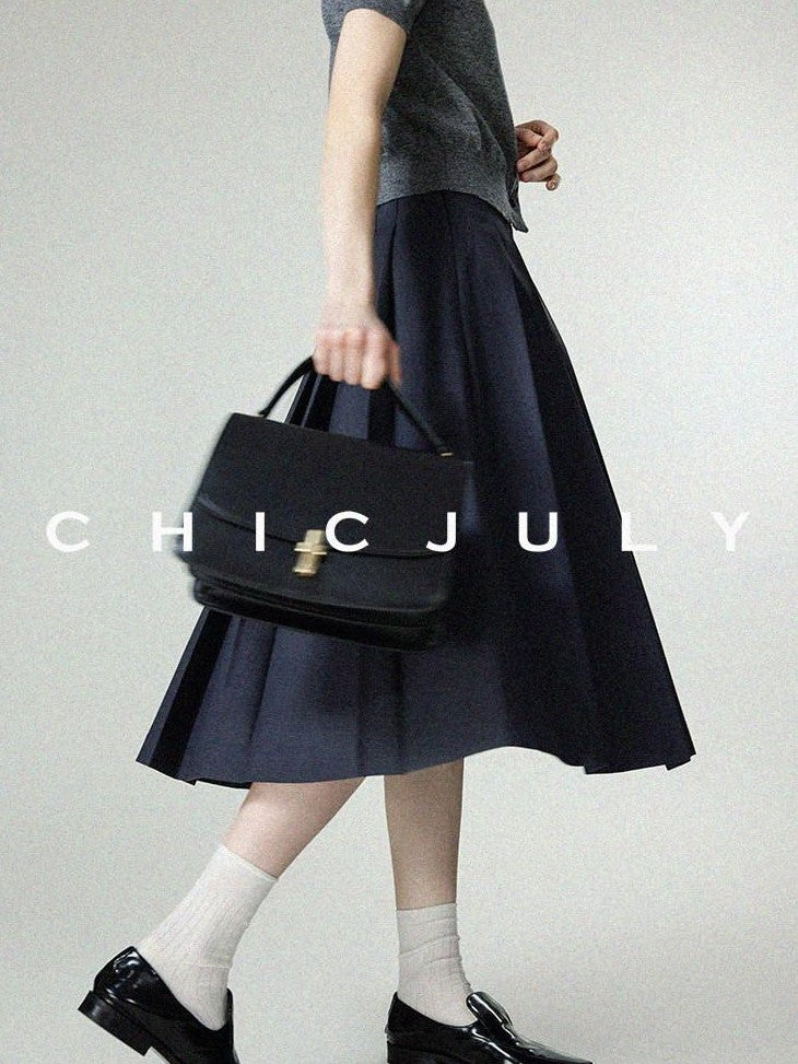 chicjuly Cross Texture High Waist Pleated Women's Worsted Wool Midi Skirts