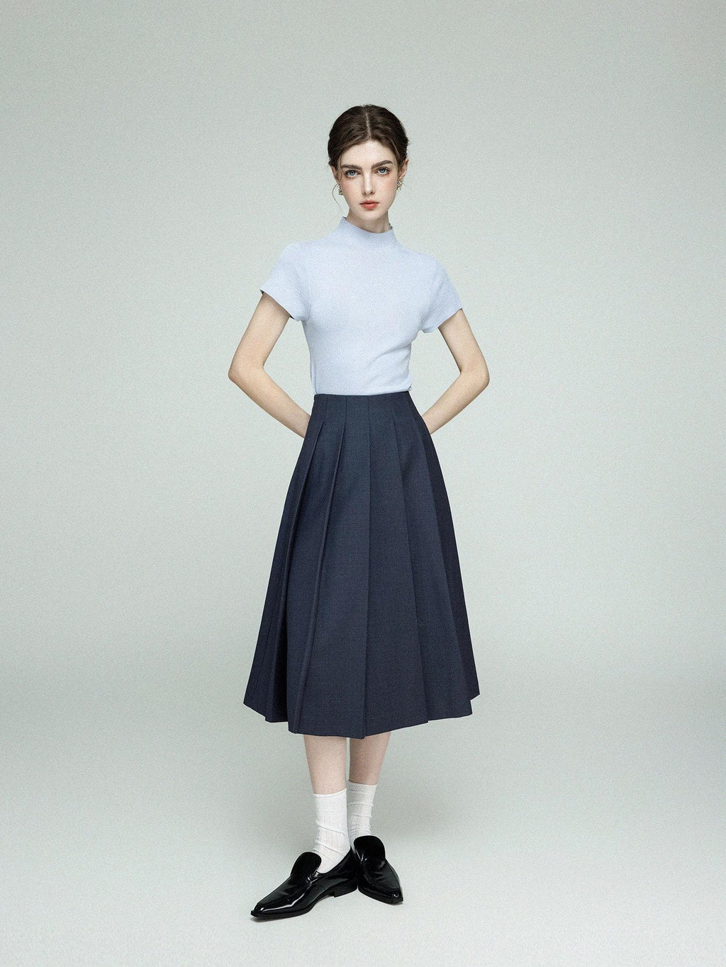 chicjuly Cross Texture High Waist Pleated Women's Worsted Wool Midi Skirts