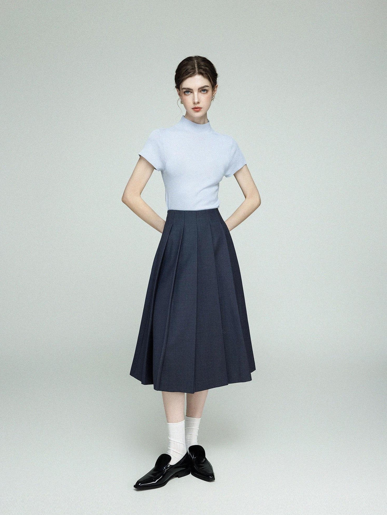 chicjuly Cross Texture High Waist Pleated Women's Worsted Wool Midi Skirts