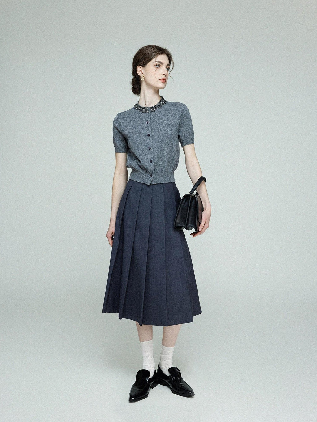chicjuly Cross Texture High Waist Pleated Women's Worsted Wool Midi Skirts