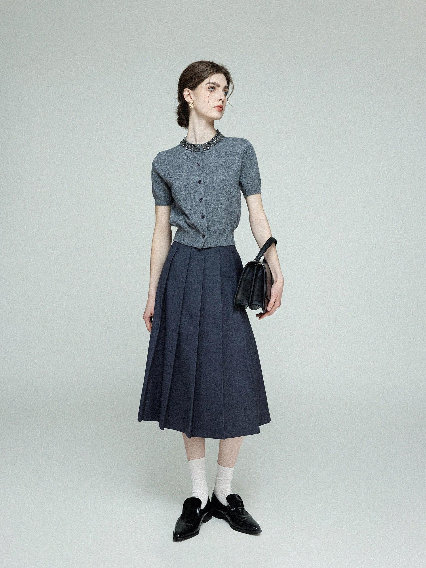 chicjuly Cross Texture High Waist Pleated Women's Worsted Wool Midi Skirts