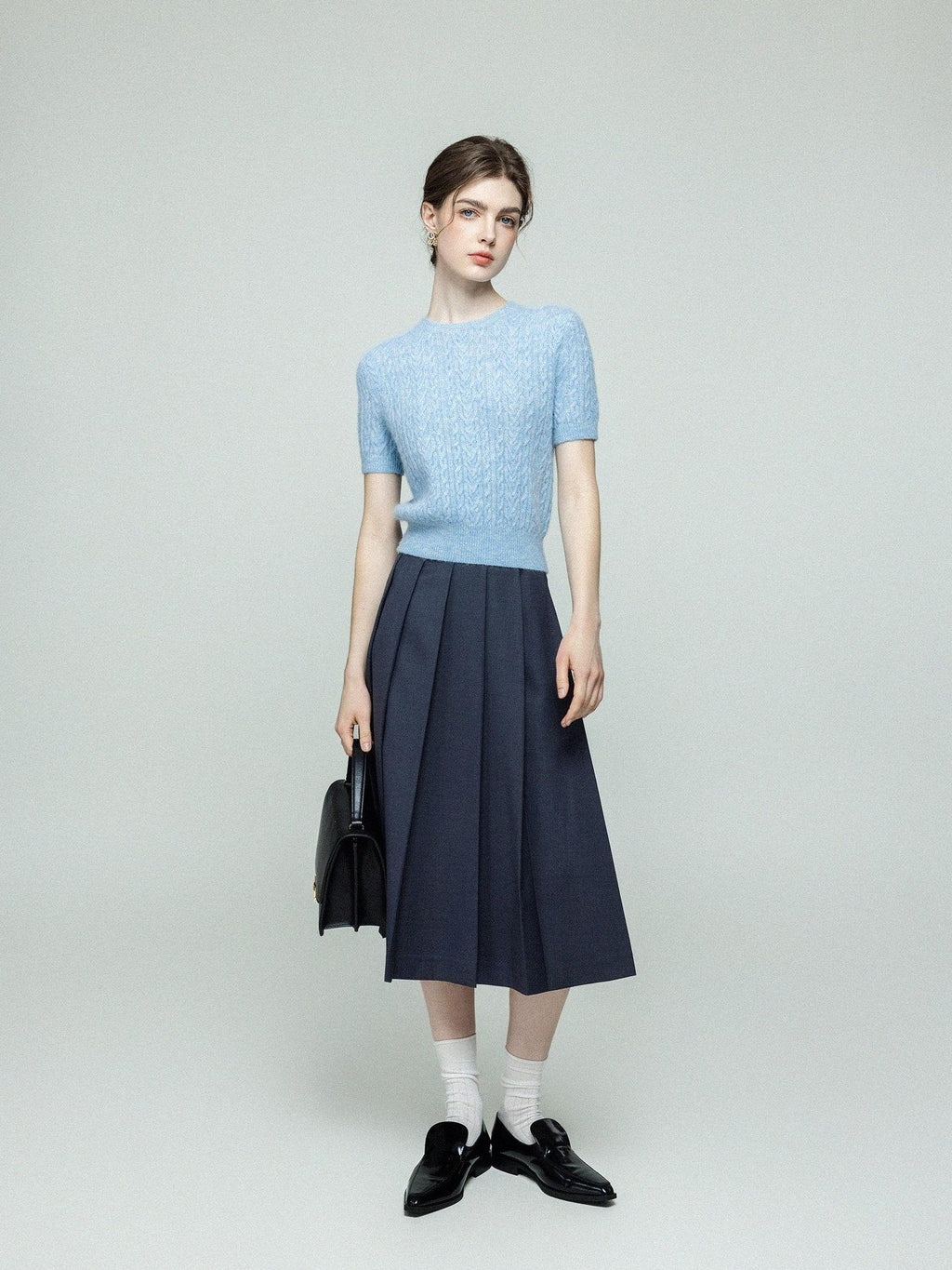 chicjuly Cross Texture High Waist Pleated Women's Worsted Wool Midi Skirts