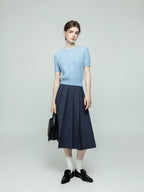 chicjuly Cross Texture High Waist Pleated Women's Worsted Wool Midi Skirts