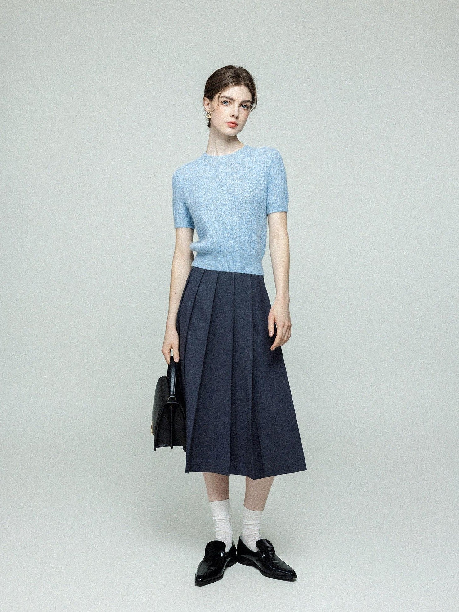 chicjuly Cross Texture High Waist Pleated Women's Worsted Wool Midi Skirts