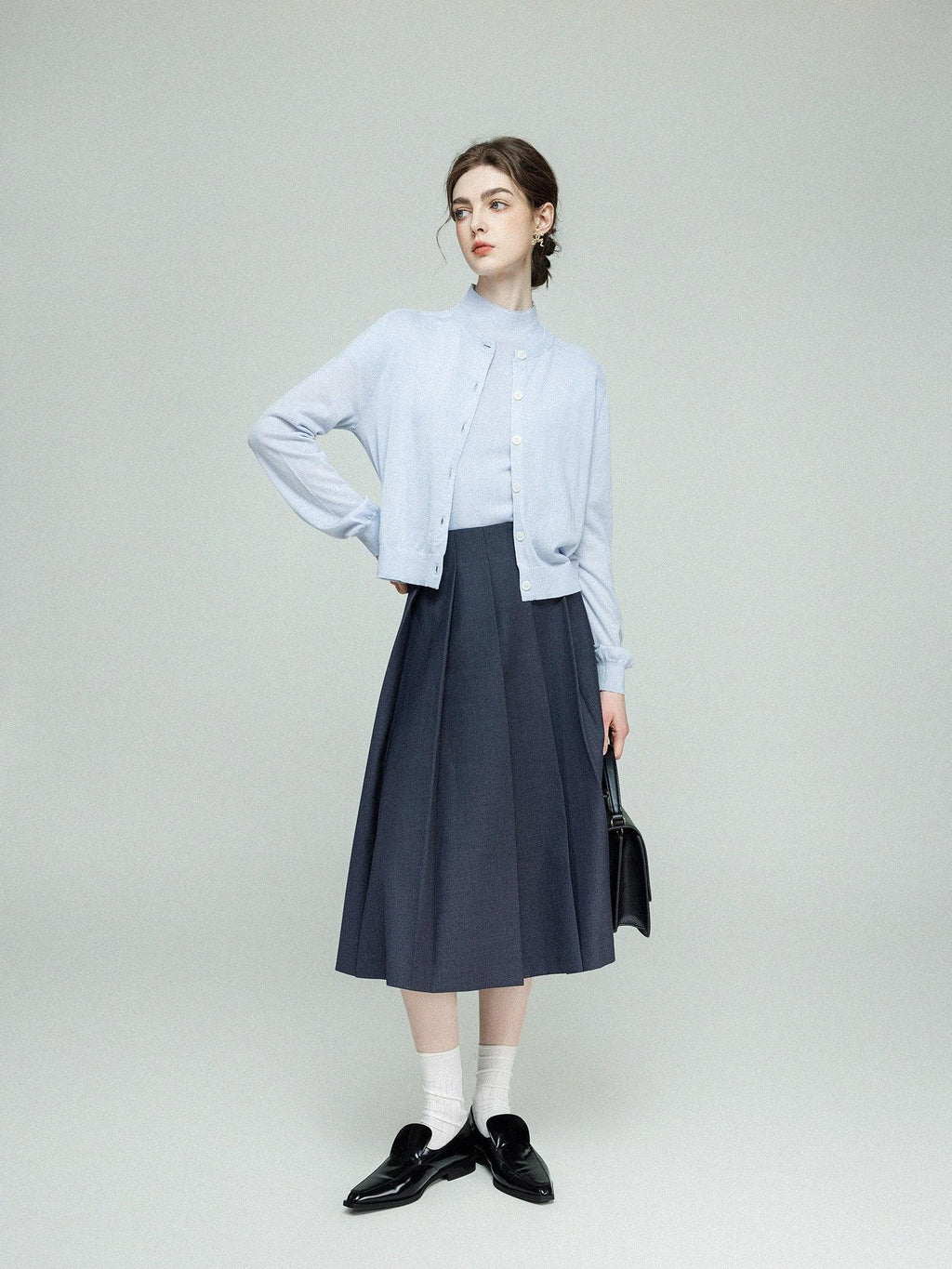 chicjuly Cross Texture High Waist Pleated Women's Worsted Wool Midi Skirts