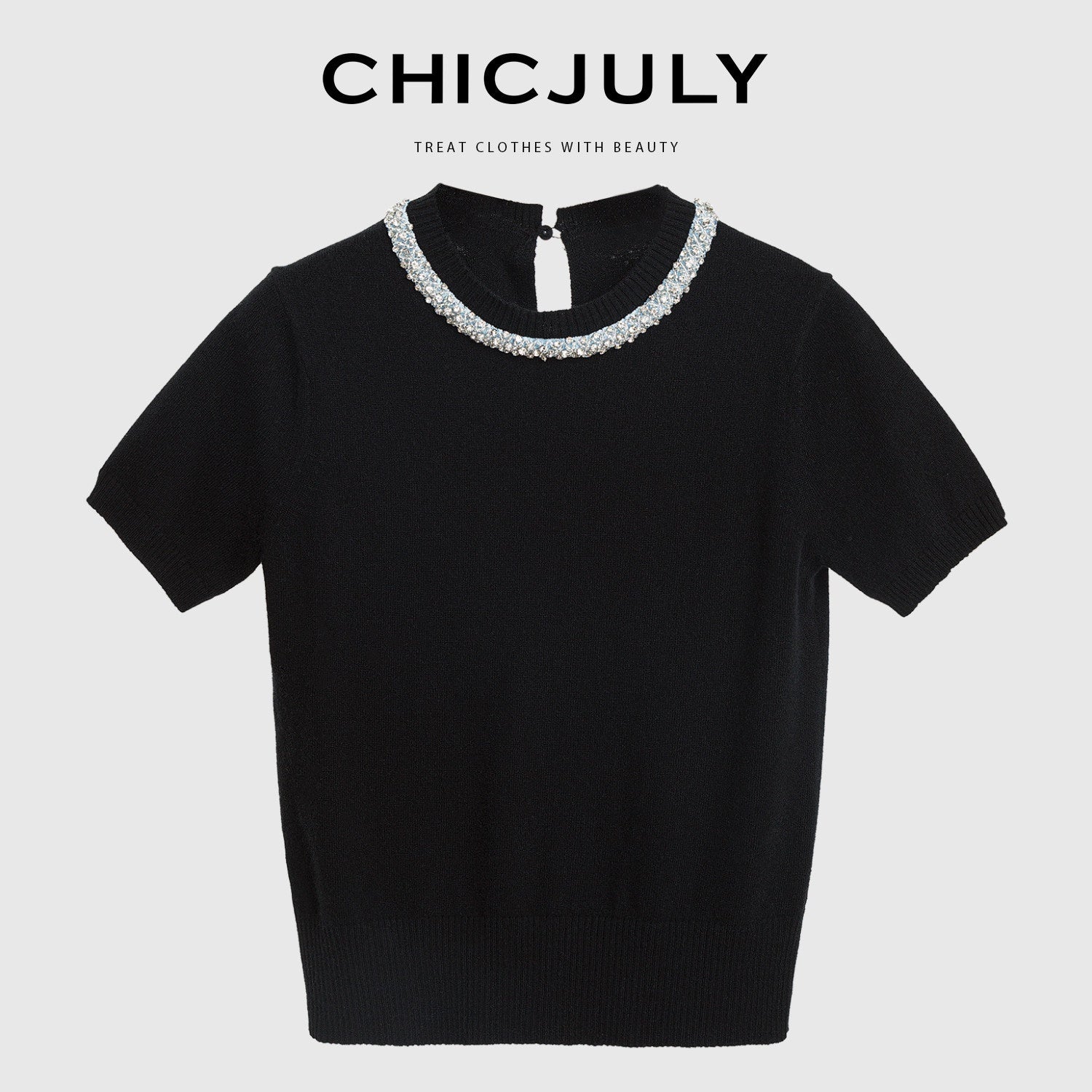 chicjuly Diamond 3d Embroidery Knitted Round Neck Women's Wool Short Sleeve T-shirts 901604504536