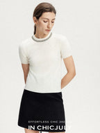 chicjuly Diamond 3d Embroidery Knitted Round Neck Women's Wool Short Sleeve T-shirts