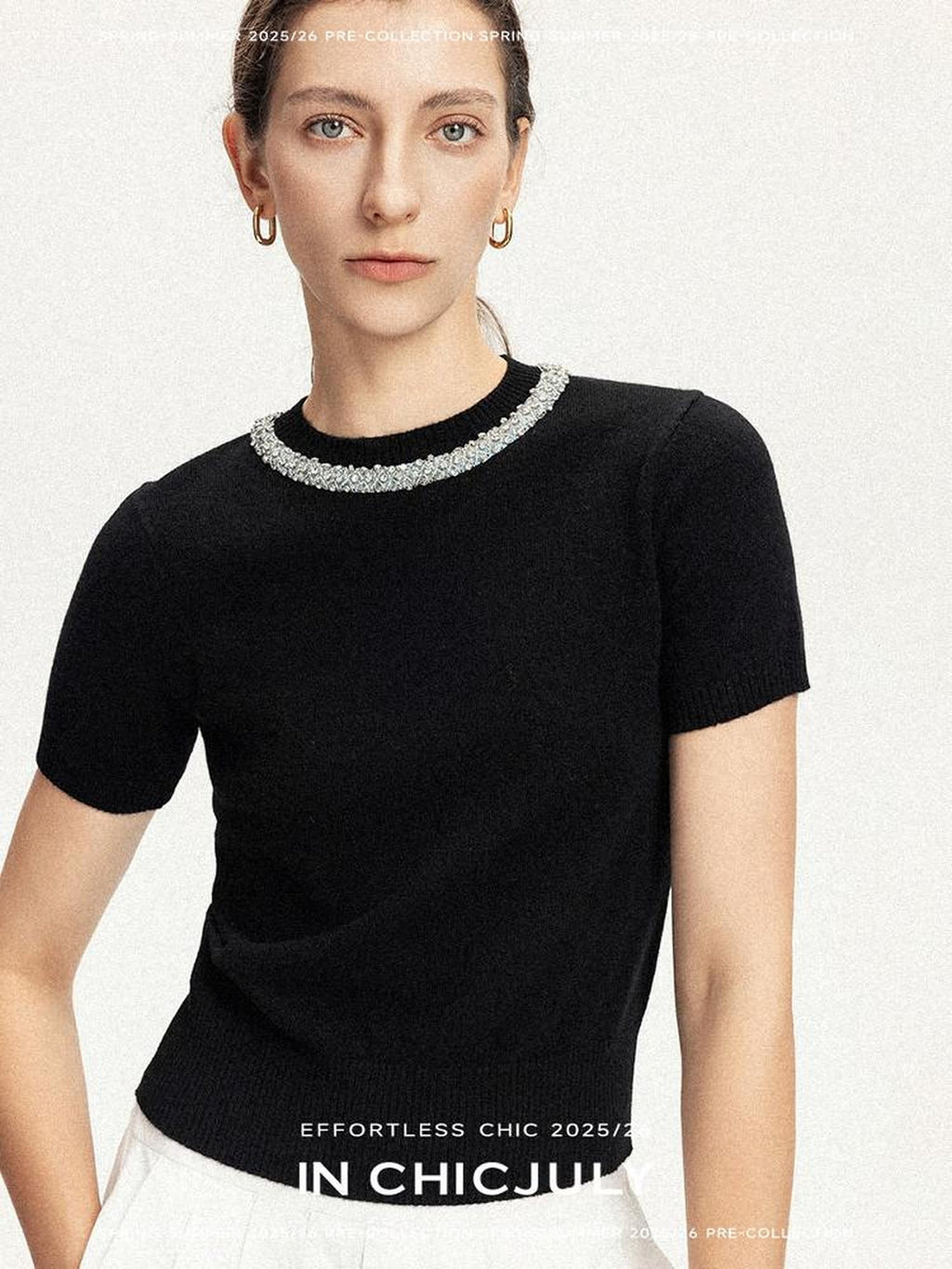 chicjuly Diamond 3d Embroidery Knitted Round Neck Women's Wool Short Sleeve T-shirts