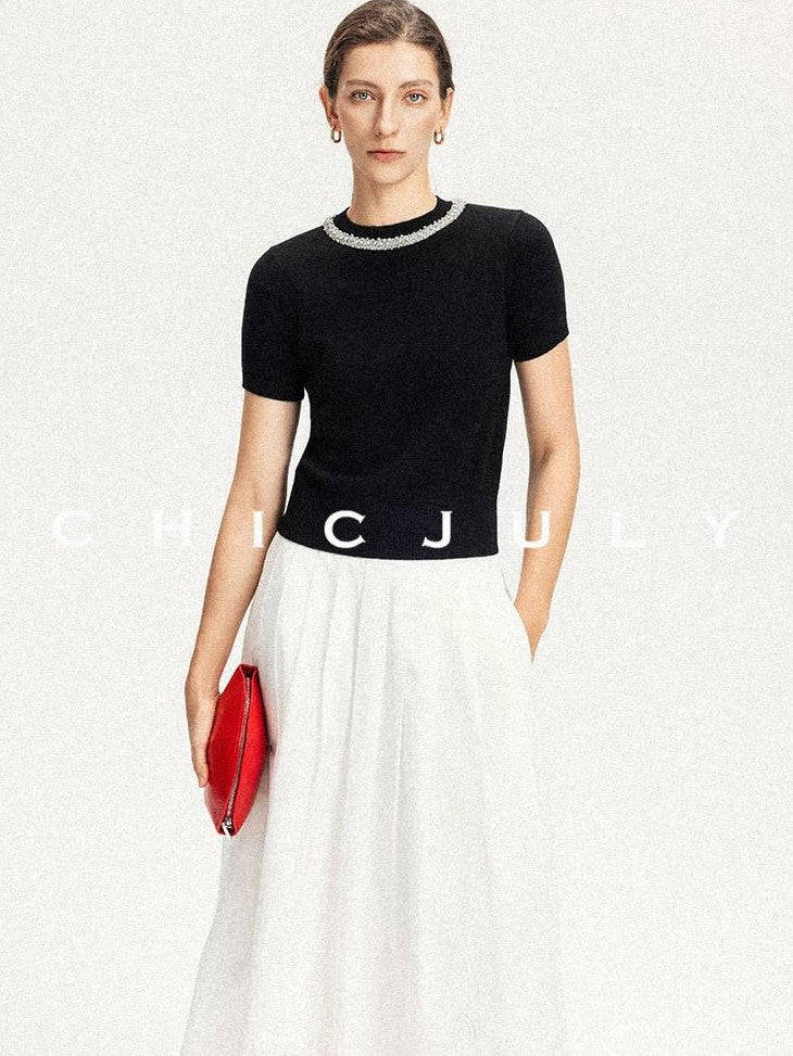 chicjuly Diamond 3d Embroidery Knitted Round Neck Women's Wool Short Sleeve T-shirts
