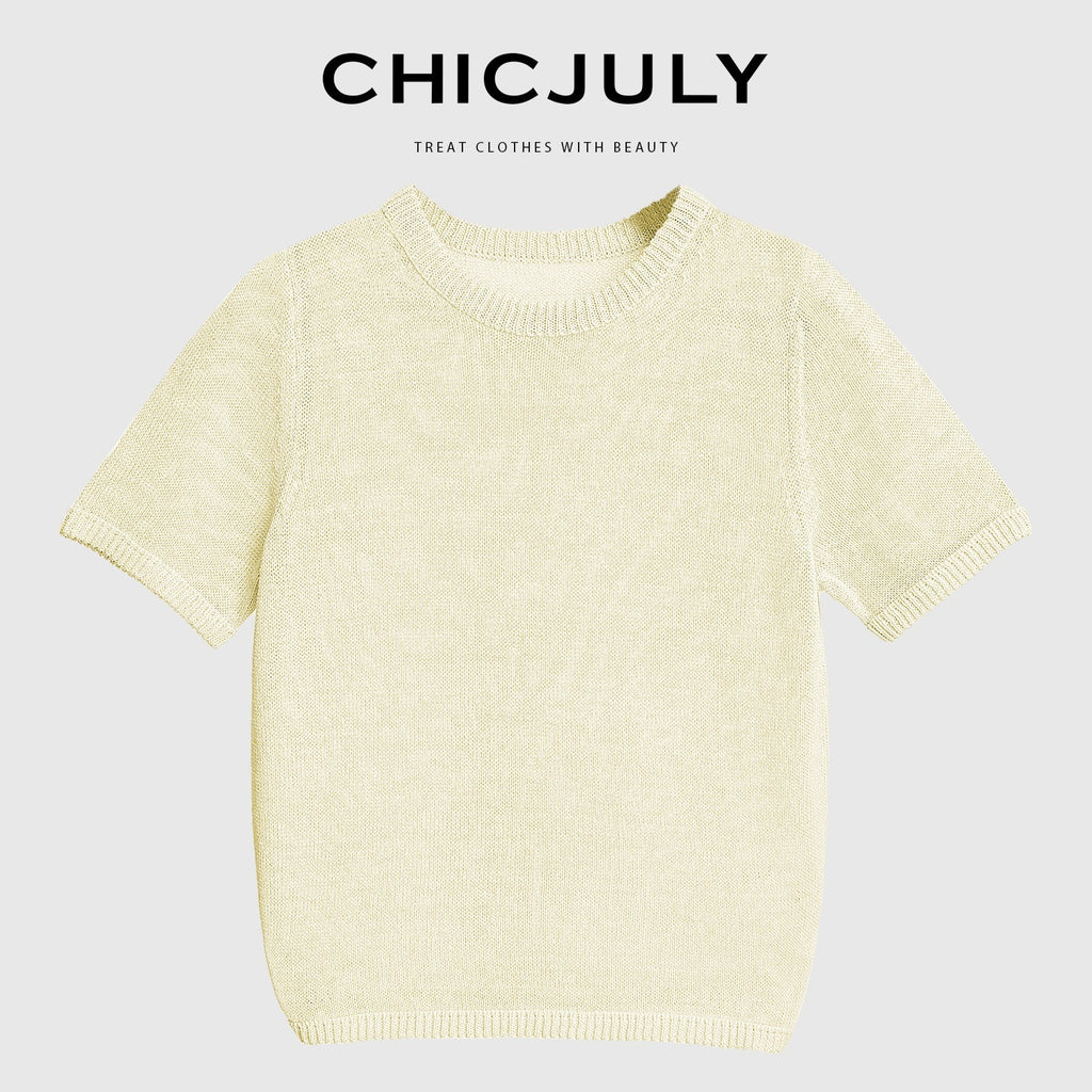 chicjuly Double Needle Texture Washi Yarn Women's Linen Blend Short Sleeve T-shirts 916828603790