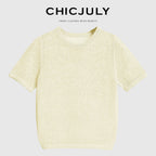 chicjuly Double Needle Texture Washi Yarn Women's Linen Blend Short Sleeve T-shirts 916828603790