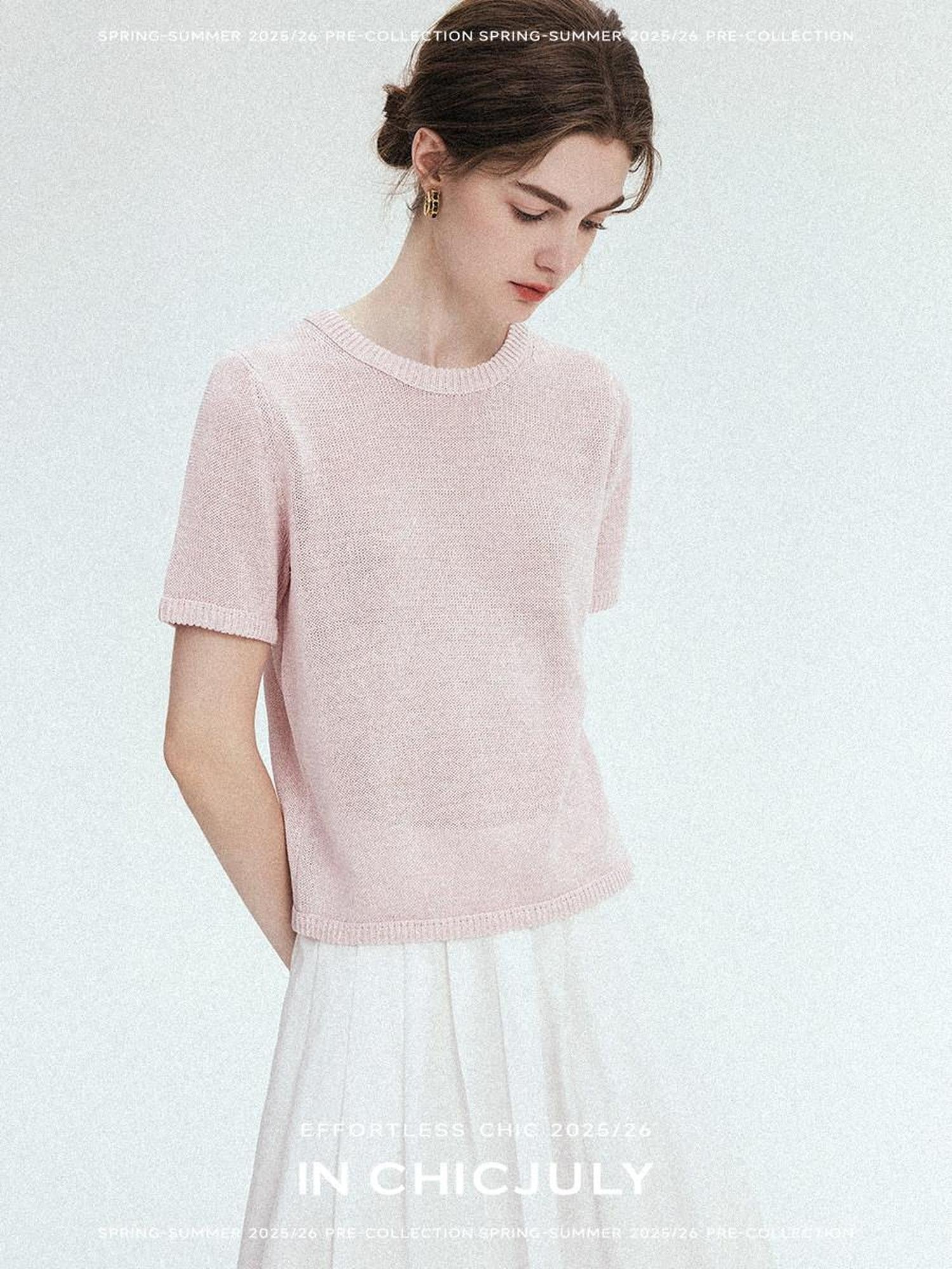 chicjuly Double Needle Texture Washi Yarn Women's Linen Blend Short Sleeve T-shirts