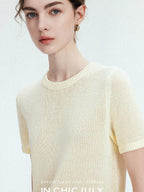 chicjuly Double Needle Texture Washi Yarn Women's Linen Blend Short Sleeve T-shirts