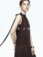 chicjuly Draped Ribbon Sleeveless Women's Acetate Mesh Top & Skirt Sets