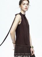 chicjuly Draped Ribbon Sleeveless Women's Acetate Mesh Top & Skirt Sets