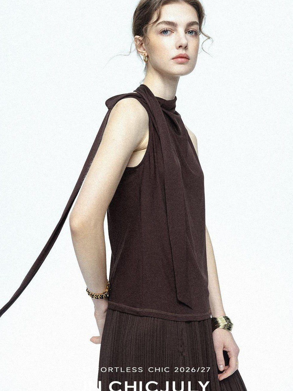 chicjuly Draped Ribbon Sleeveless Women's Acetate Mesh Top & Skirt Sets