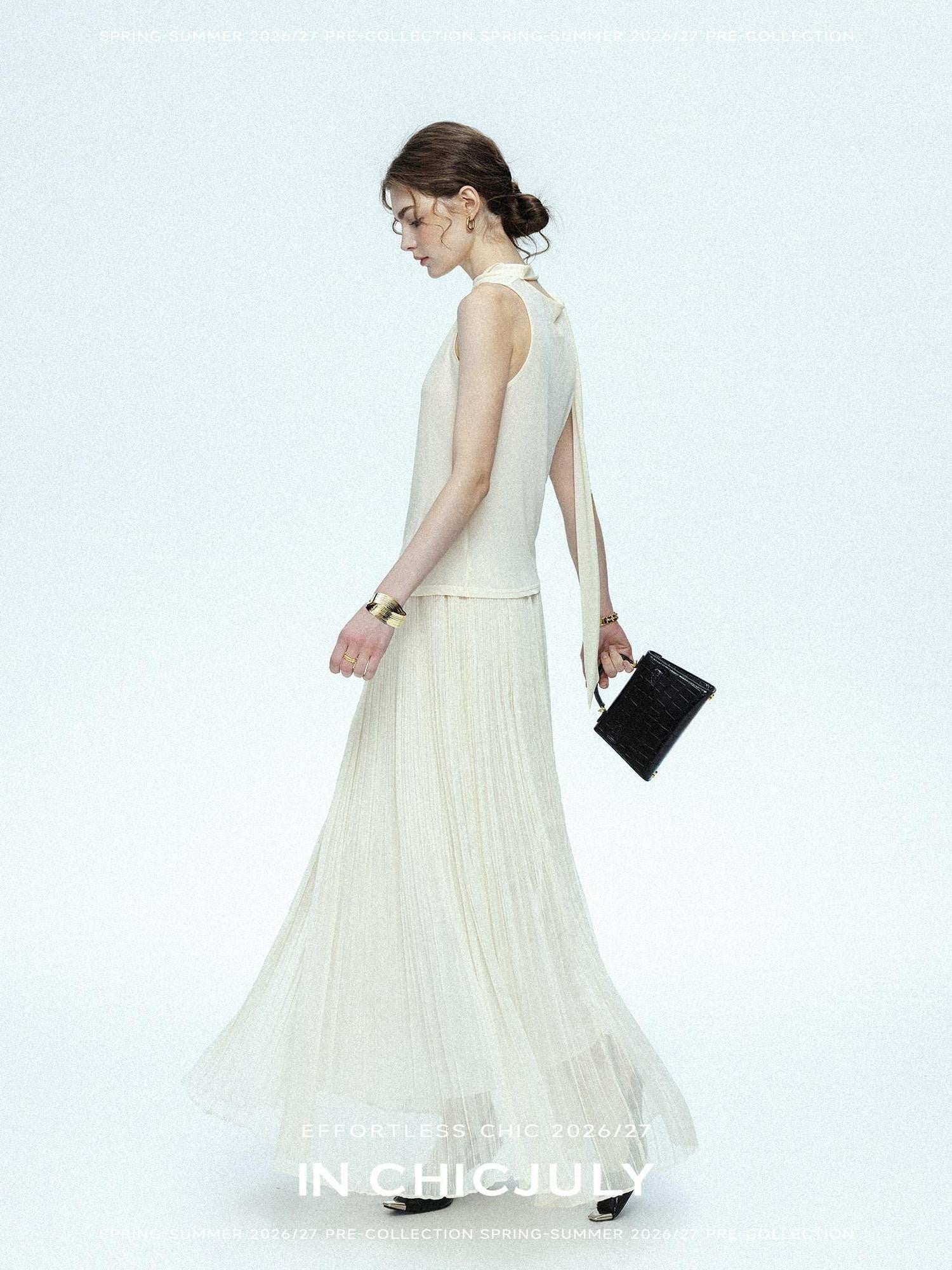 chicjuly Draped Ribbon Sleeveless Women's Acetate Mesh Top & Skirt Sets