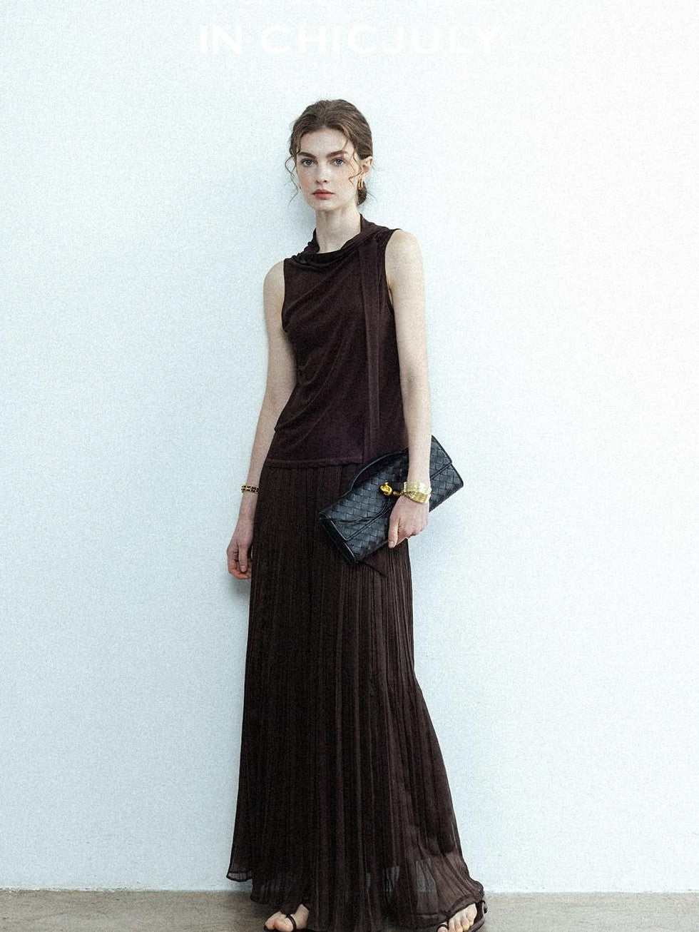 chicjuly Draped Ribbon Sleeveless Women's Acetate Mesh Top & Skirt Sets
