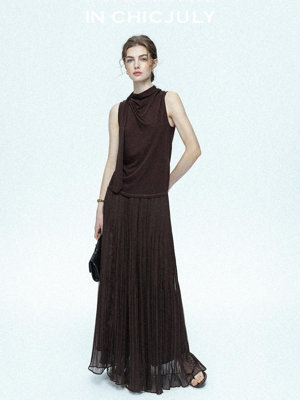 chicjuly Draped Ribbon Sleeveless Women's Acetate Mesh Top & Skirt Sets